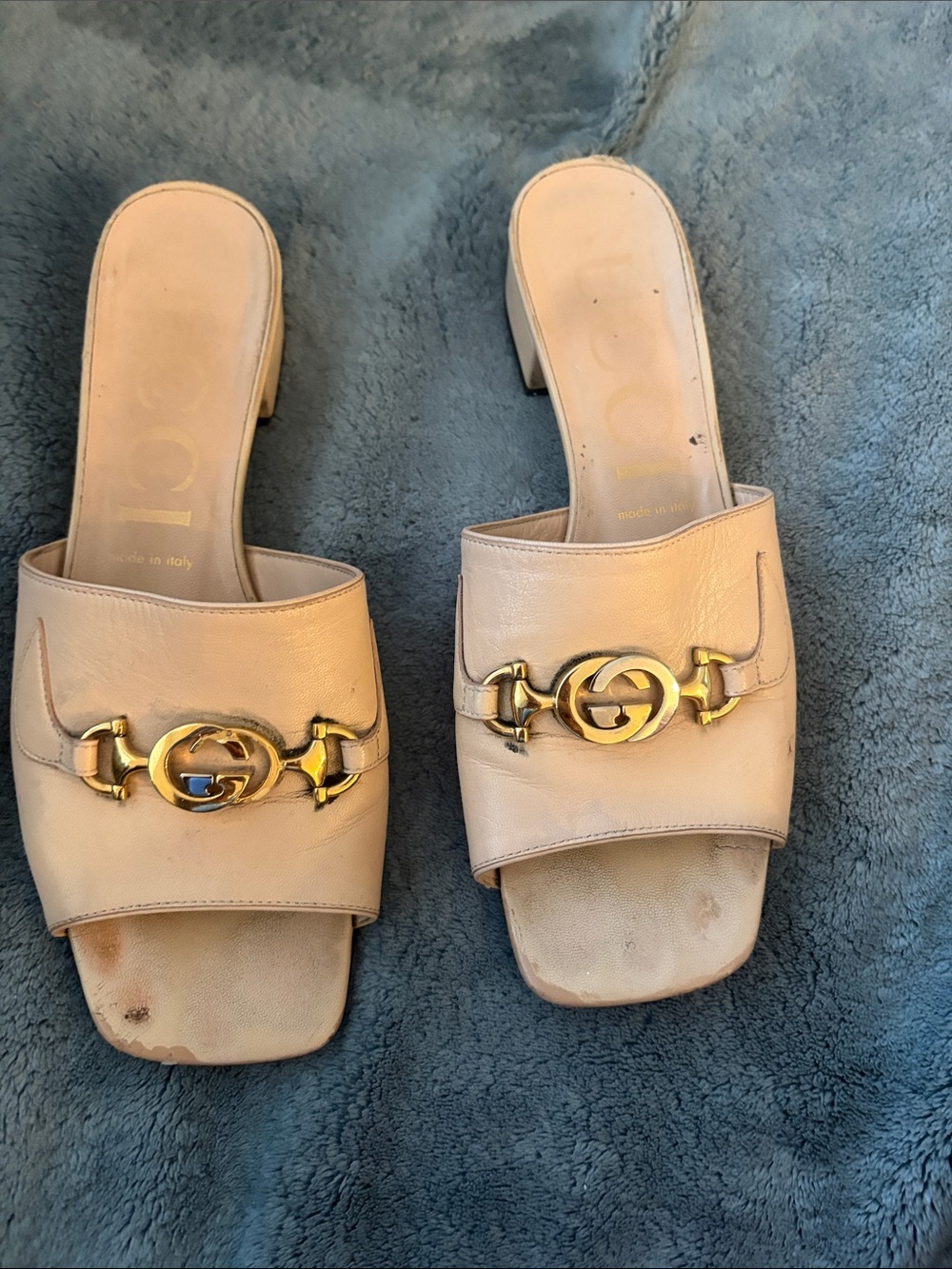 Gucci Beige Leather Horsebit Slide Mules with Gold Hardware